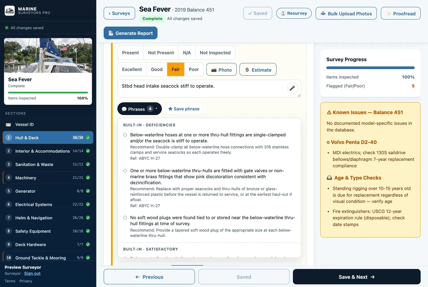 Hull and Deck checklist: a thru-hull item rated Fair with a note, and the Phrases menu open showing built-in deficiency wording with recommendations and ABYC H-27 references.