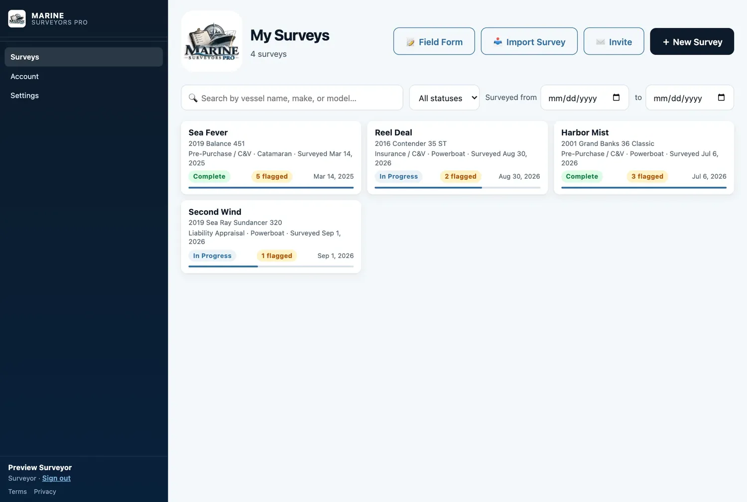 Survey dashboard listing past surveys with their status, flagged-item counts and dates.