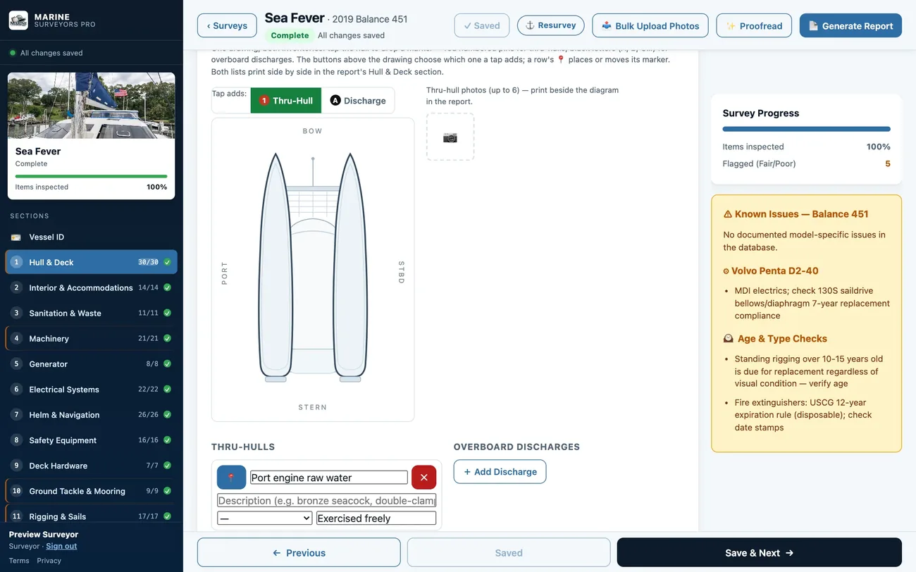 The same survey open on a laptop: the Hull & Deck checklist with ratings, notes and photos.