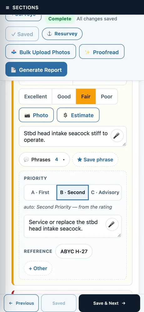 The same app on a phone: one checklist item rated Fair, with its note, recommendation and ABYC reference.