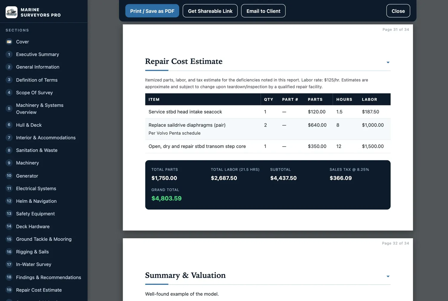 Repair cost estimate page of a generated survey report.