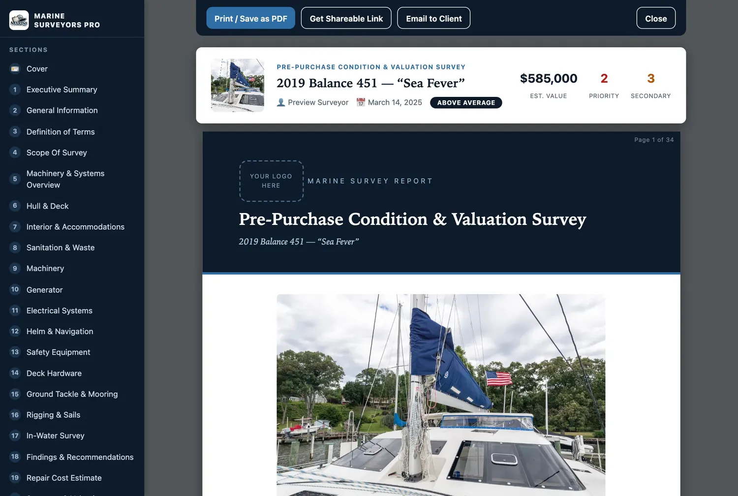 Report cover page in the app with buttons to print or save as PDF, get a shareable link, and email to the client.