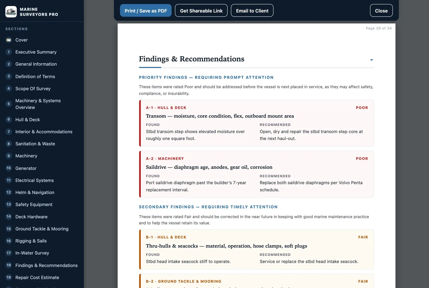 A finished survey report on an iPad: priority findings A-1 and A-2 with what was found and what is recommended, side by side.
