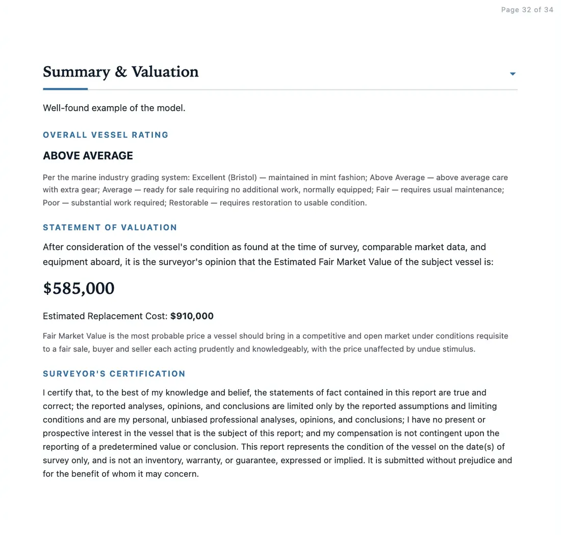 Summary and Valuation page of a generated report: overall vessel rating, statement of valuation with estimated fair market value and replacement cost, and the surveyor's certification.